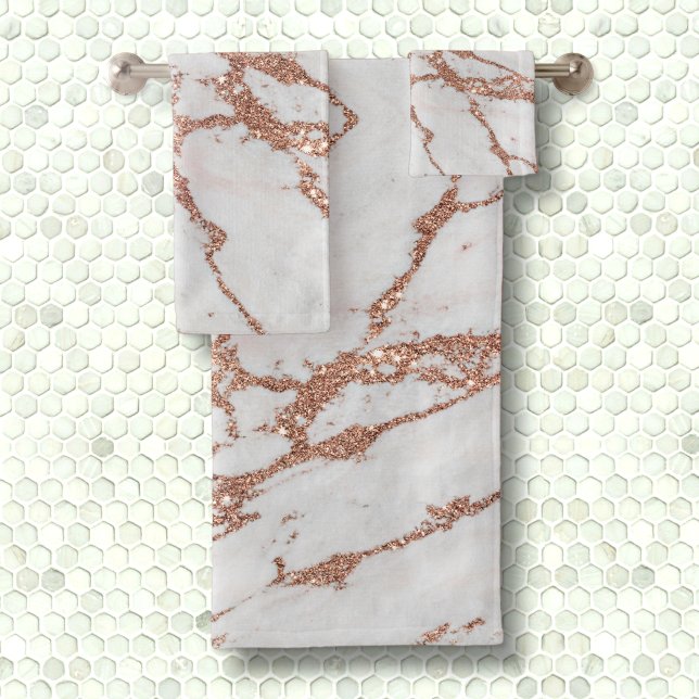 Elegant chic white + rose gold glitter marble bath towel set (Creator Uploaded)