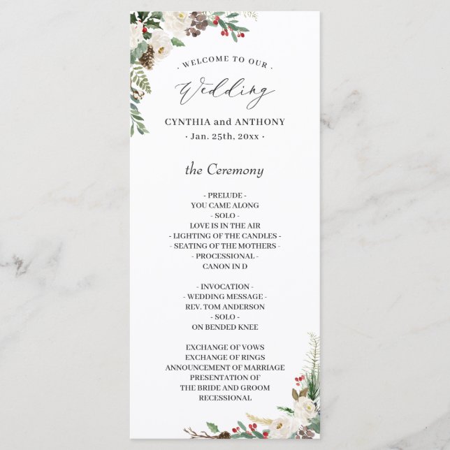 Elegant Chic Winter Floral Holly Berries Wedding Programme (Front)