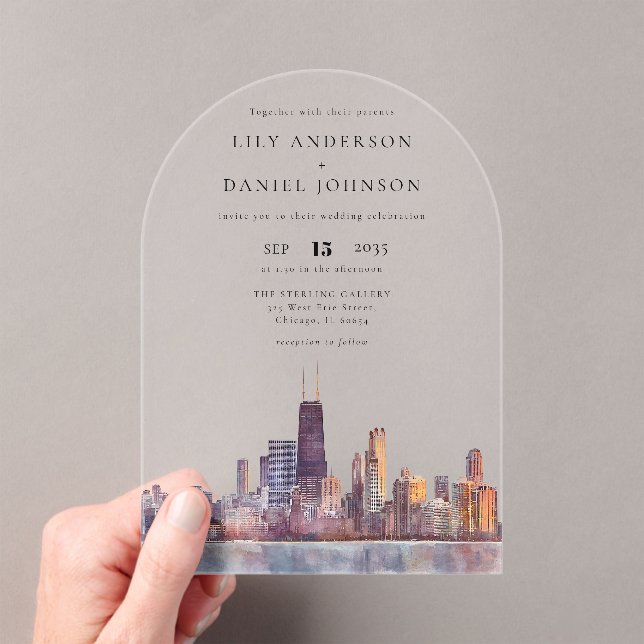 Elegant Chicago Skyline Watercolor Wedding Arch Acrylic Invitations (Insitu (Handheld))