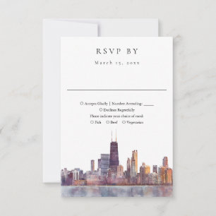 Elegant Chicago Skyline Watercolor Wedding RSVP Card