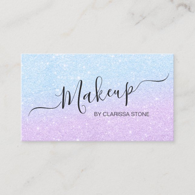 Elegant chick aqua & violet glitter makeup artist business card (Front)