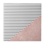 Elegant chick black stripes and rose gold glitter tile<br><div class="desc">Modern faux rose gold glitter and black stripes.</div>