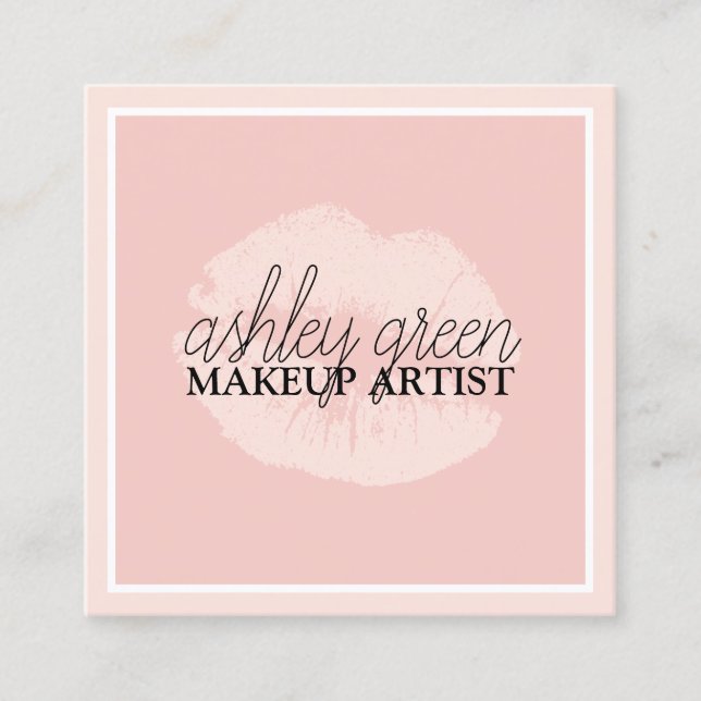 Elegant chick blush pink lips frame makeup artist  square business card (Front)