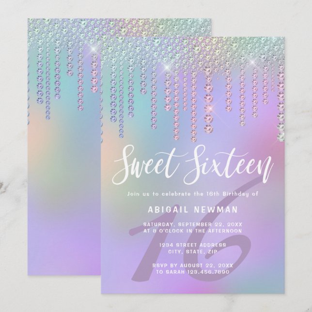 Elegant chick diamond drips purple sweet sixteen invitation (Front/Back)