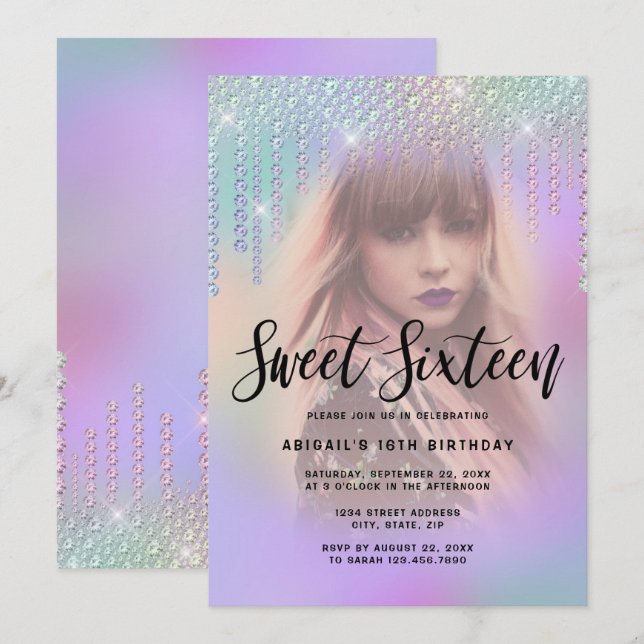 Elegant chick diamond drips purple sweet sixteen invitation (Front/Back)