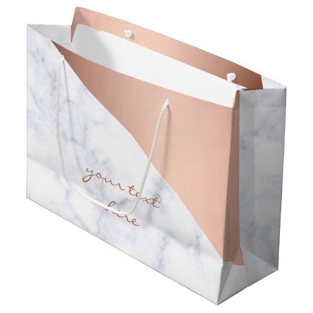Elegant chick geometric white marble rose gold large gift bag (Front Angled)