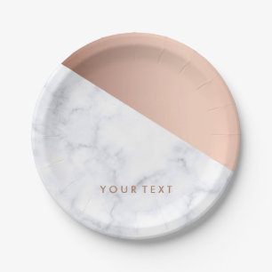 Elegant chick geometric white marble rose gold paper plate