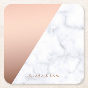 Elegant chick geometric white marble rose gold square paper coaster