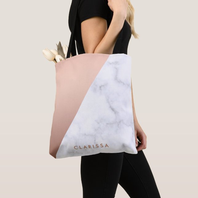 Elegant chick geometric white marble rose gold tote bag (Close Up)