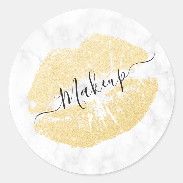 Elegant chick gold glitter lips white marble classic round sticker (Front)