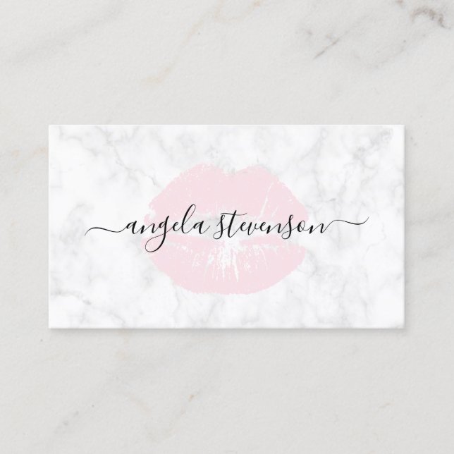 Elegant chick pink lips white marble makeup artist business card (Front)