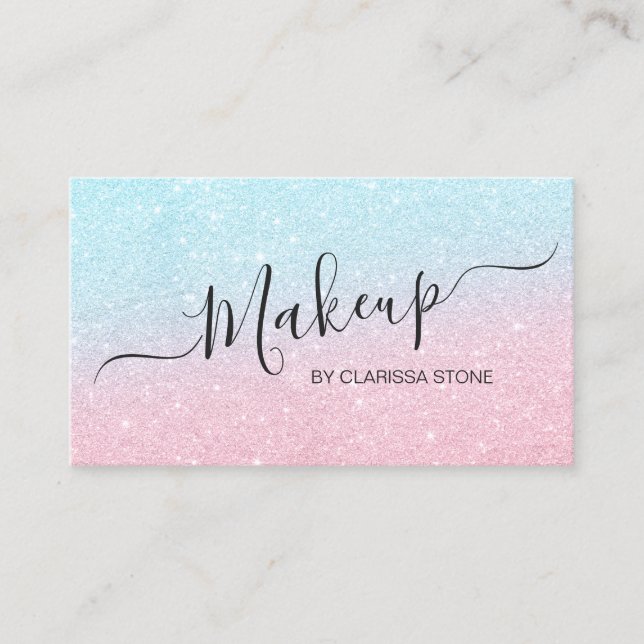 Elegant chick rose gold aqua glitter makeup artist business card (Front)