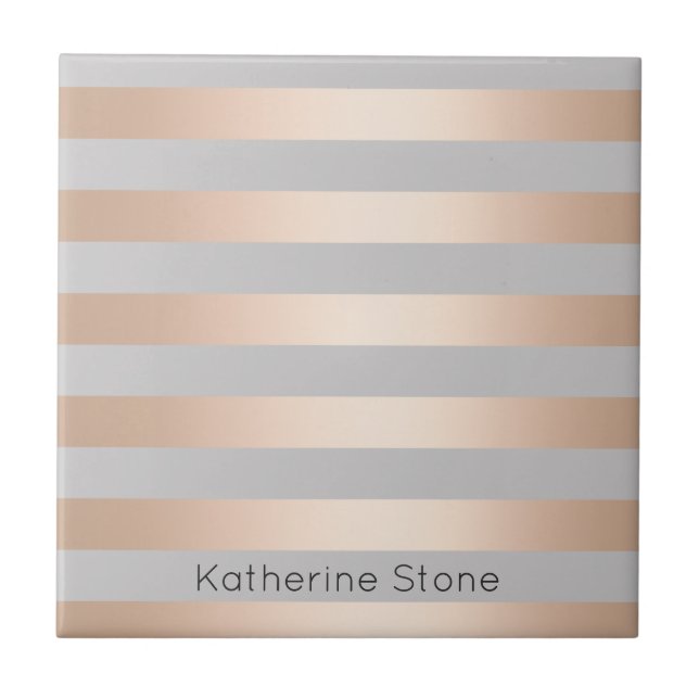 Elegant Chick Rose Gold & Grey Stripe Tile (Front)