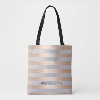 Elegant Chick Rose Gold & Grey Stripe Tote Bag
