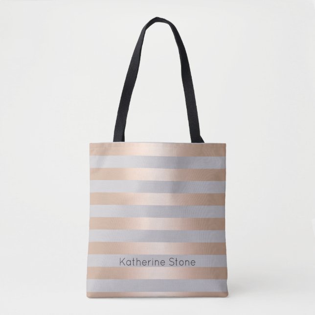 Elegant Chick Rose Gold & Grey Stripe Tote Bag (Front)