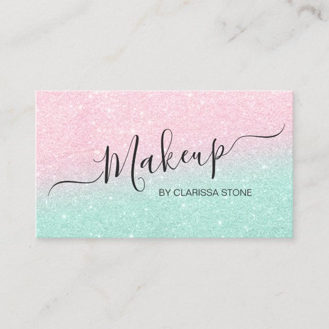Elegant chick rose gold mint glitter makeup artist business card (Front)