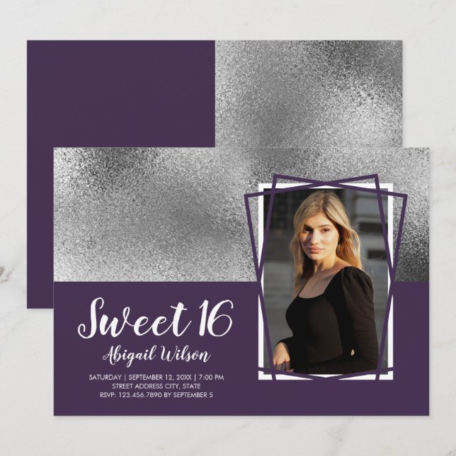 Elegant chick silver purple sweet sixteen birthday invitation (Front/Back)