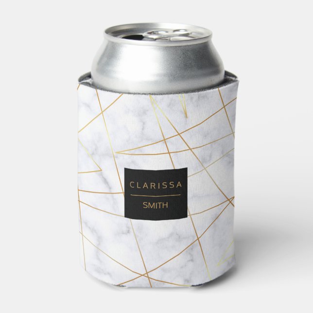 elegant chick white marble faux gold geometric can cooler (Can Front)