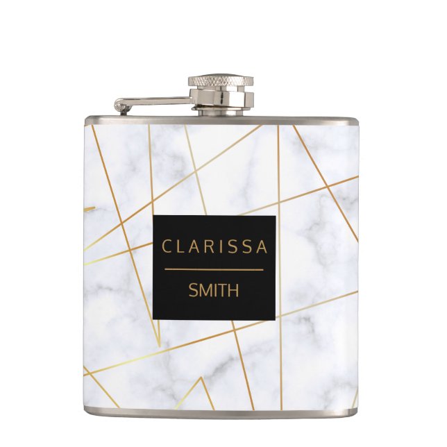 elegant chick white marble faux gold geometric hip flask (Front)