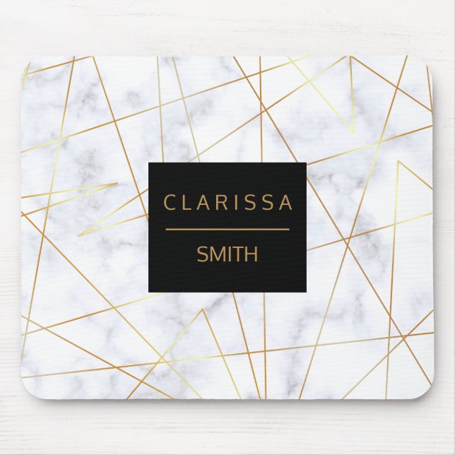 elegant chick white marble faux gold geometric mouse mat (Front)