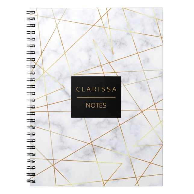 elegant chick white marble faux gold geometric notebook (Front)
