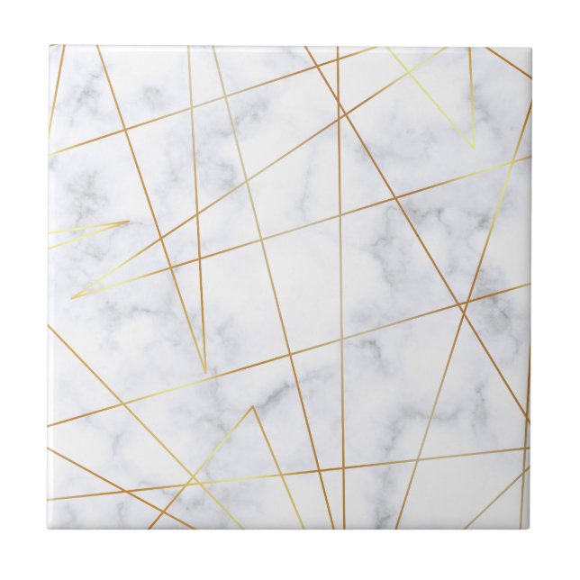 elegant chick white marble faux gold geometric tile (Front)