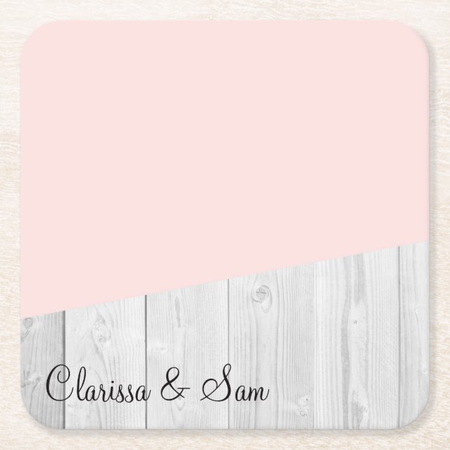 elegant chick white pastel pink wooden geometric square paper coaster (Front)