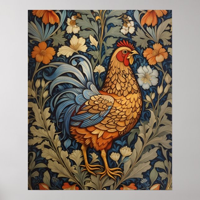 Elegant Chicken William Morris Inspired Floral Poster (Front)