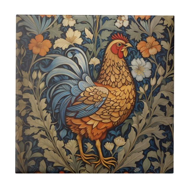 Elegant Chicken William Morris Inspired Floral Tile (Front)