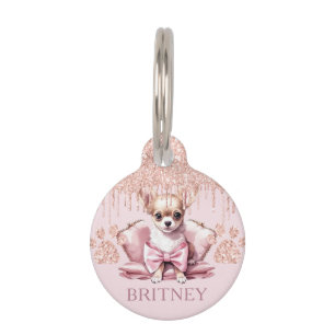 Elegant chihuahua Dog with Glitter Personalised Pet Tag