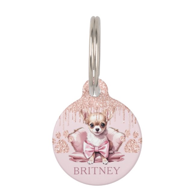 Elegant chihuahua Dog with Glitter Personalised Pet Tag (Front)