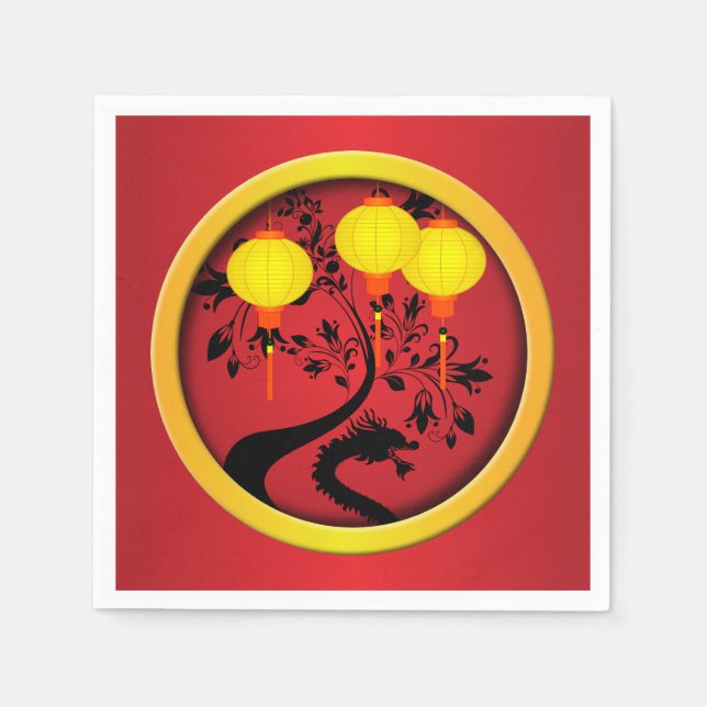 Elegant Chinese New Year Dragon Gold Lanterns Napkin (Front)