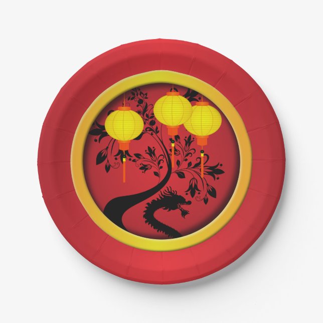 Elegant Chinese New Year Dragon Lanterns Paper Plate (Front)