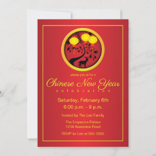 Elegant Chinese New Year Goat Gold Lanterns Invitation