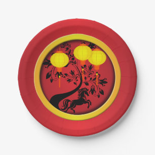 Elegant Chinese New Year Horse Gold Lanterns Paper Plate