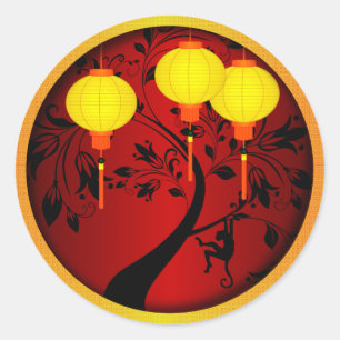 Elegant Chinese New Year Monkey with Gold Lanterns Classic Round Sticker