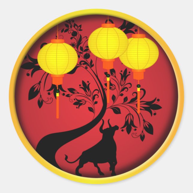 Elegant Chinese New Year OX Gold Lanterns Classic Round Sticker (Front)