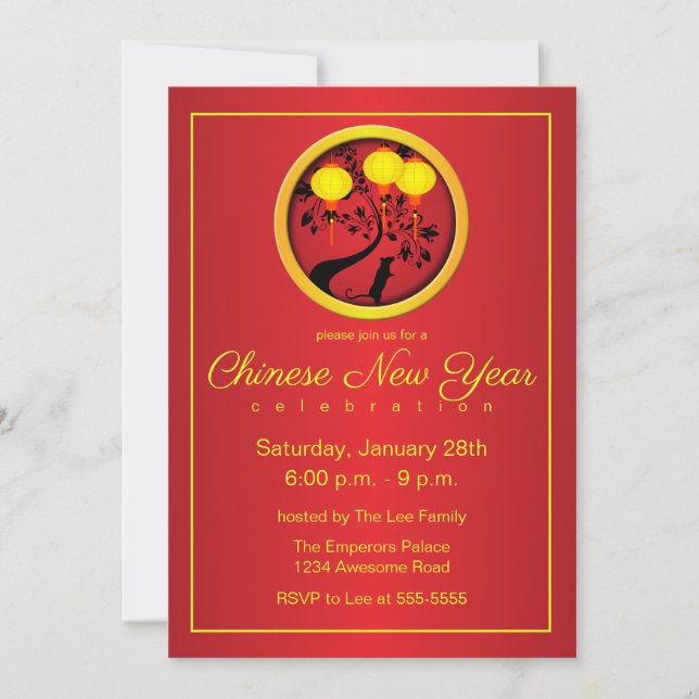 Elegant Chinese New Year Rat Gold Lanterns Invitation (Front)