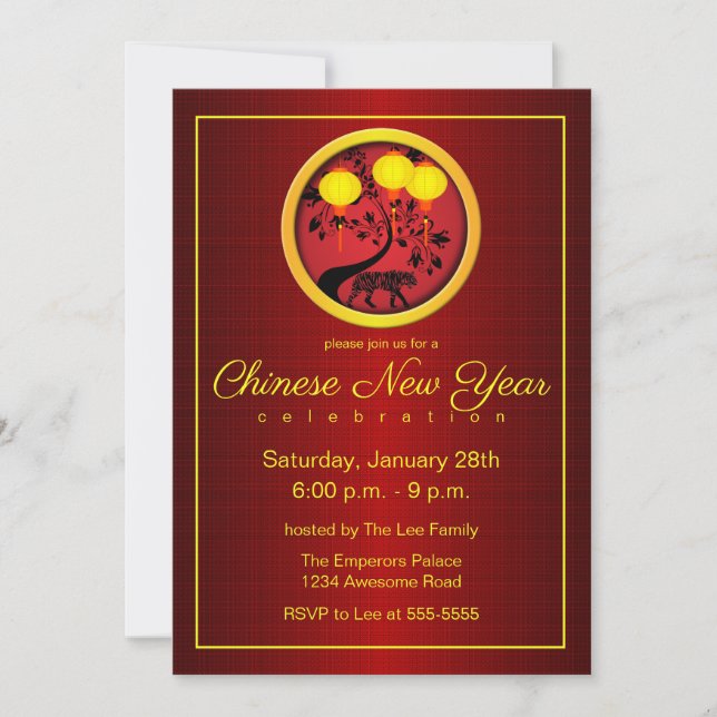 Elegant Chinese New Year Tiger Gold Lanterns Invitation (Front)