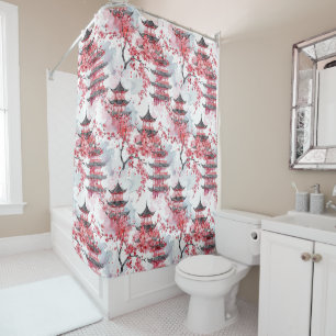 Elegant Chinese Pagoda Cherry Blossom Shower Curtain