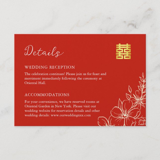 Elegant Chinese wedding floral script red details Enclosure Card (Front)