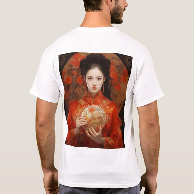 Elegant Chinese Woman Holding Lotus Flower T-Shirt (Back)