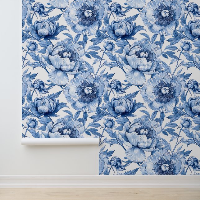 Elegant  Chinoiserie Blue and White Floral Pattern Wallpaper (Application)