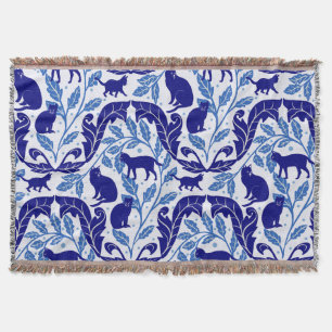 Elegant Chinoiserie Blue Black Cat-Whimsical  Throw Blanket