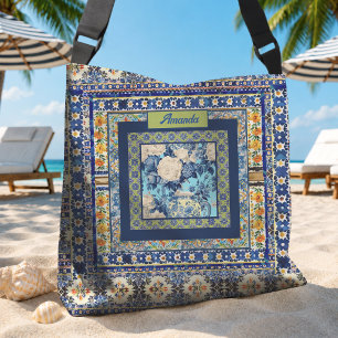 Elegant Chinoiserie Blue Floral Tile Monogram Crossbody Bag