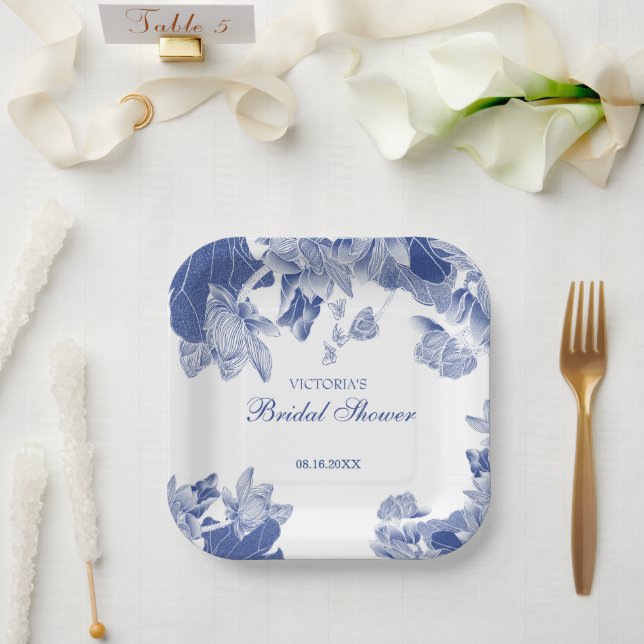 Elegant Chinoiserie Chic Blue White Floral Design  Paper Plate (Wedding)