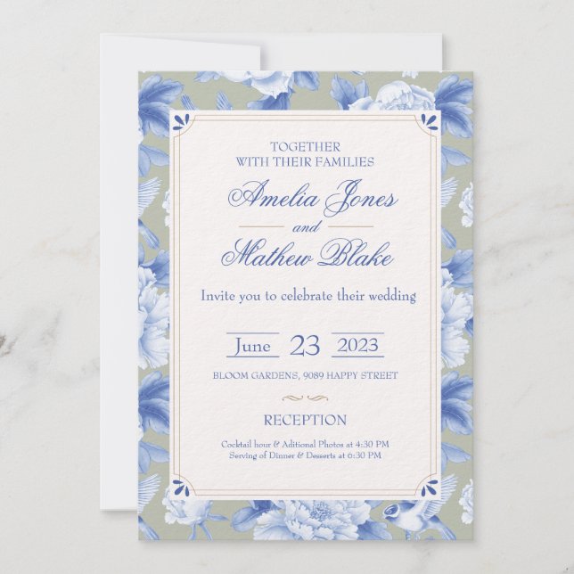 Elegant Chinoiserie Delft Blue Wedding Invitation (Front)