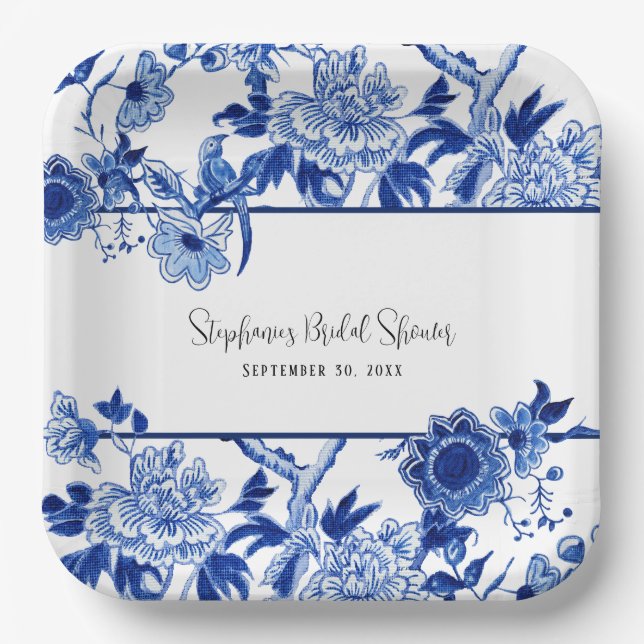 Elegant Chinoiserie Floral Blue and White Bridal   Paper Plate (Front)