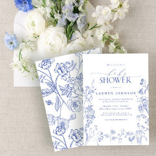 Elegant Chinoiserie Floral Blue Baby Shower Invitation