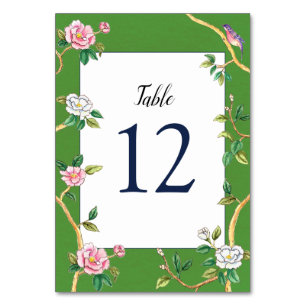 Elegant Chinoiserie Floral Green & White Table Number
